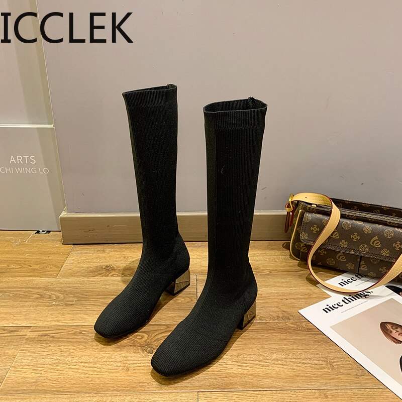 Chaussettes cuissardes tricotées bottes cuissardes femme talon carré tissu Stretch noir bottes hautes talon moyen bottes d'hiver