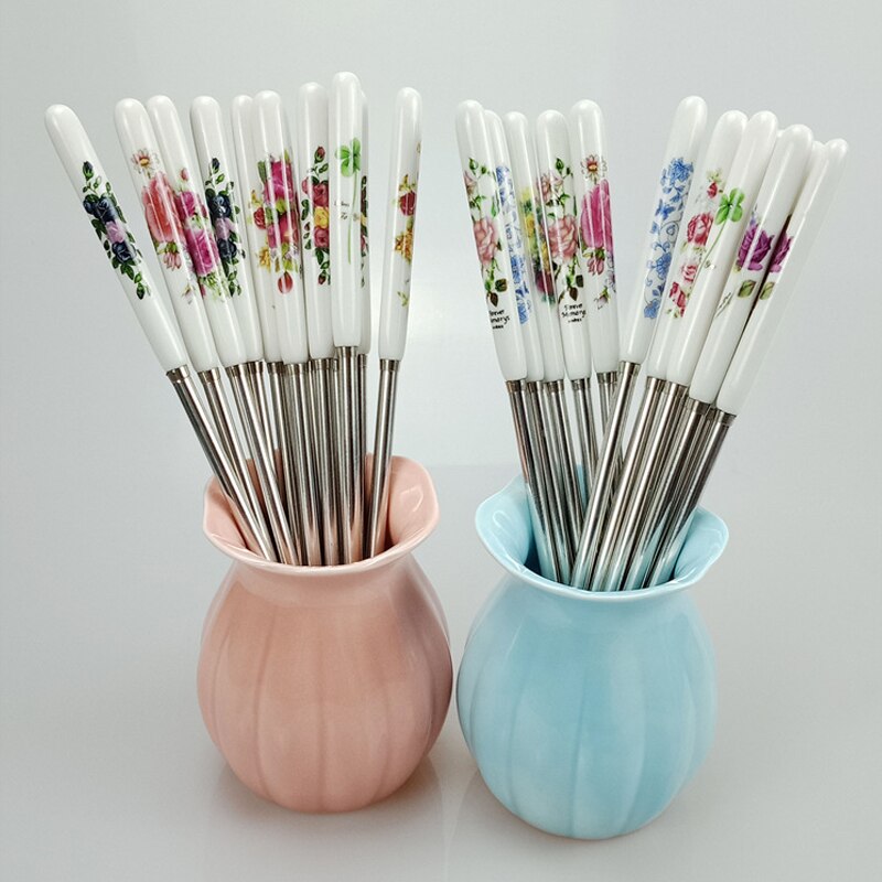 BalleenShiny 1 Pair Stainless Steel Chopsticks Chinese Style Rose Peony Ceramic Handle Anti-skid Chopsticks for Rice