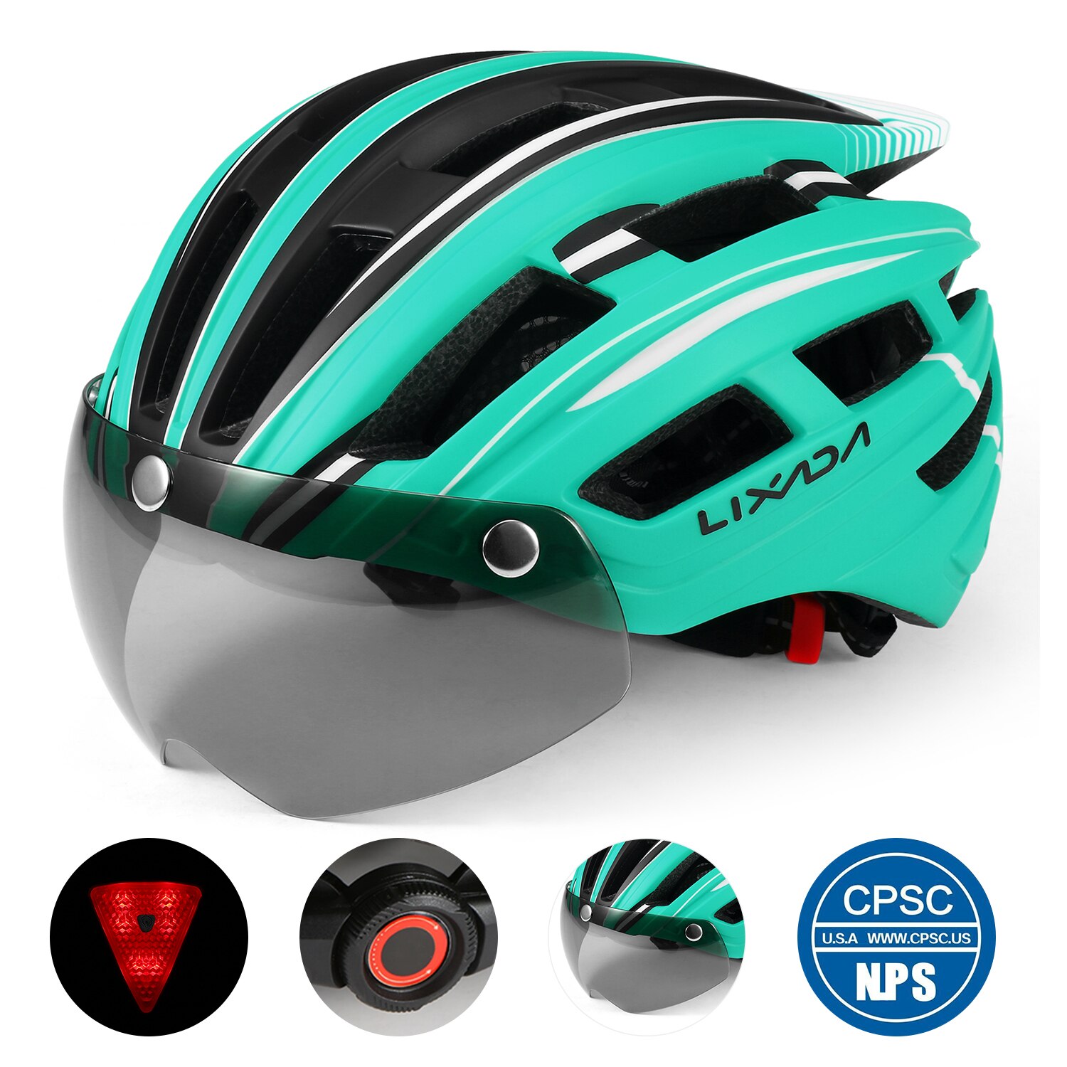 Lixada mountainbikehelm, motorhelm met achterlicht, afneembaar magnetisch vizier, uv-beschermende fietshelmen voor mannen en vrouwen.