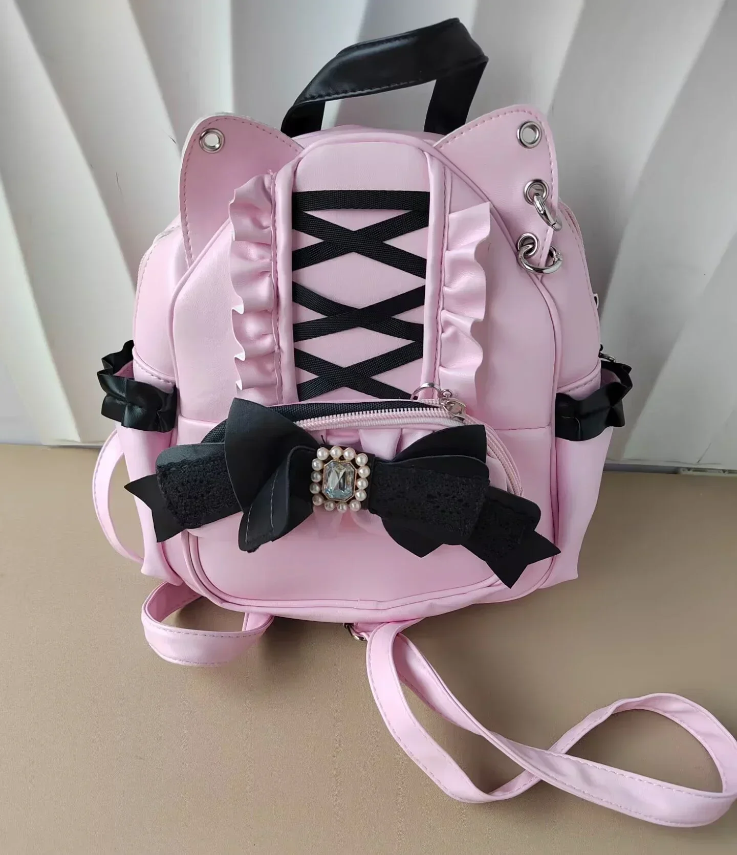 Koronkowy plecak szkolny z kocimi uszami Japonia Lolita Ita Mochila Słodki wielki Pojemność Mochilas Mujer 2025 Nowy łuk kobiety torby student plecak: Różowy
