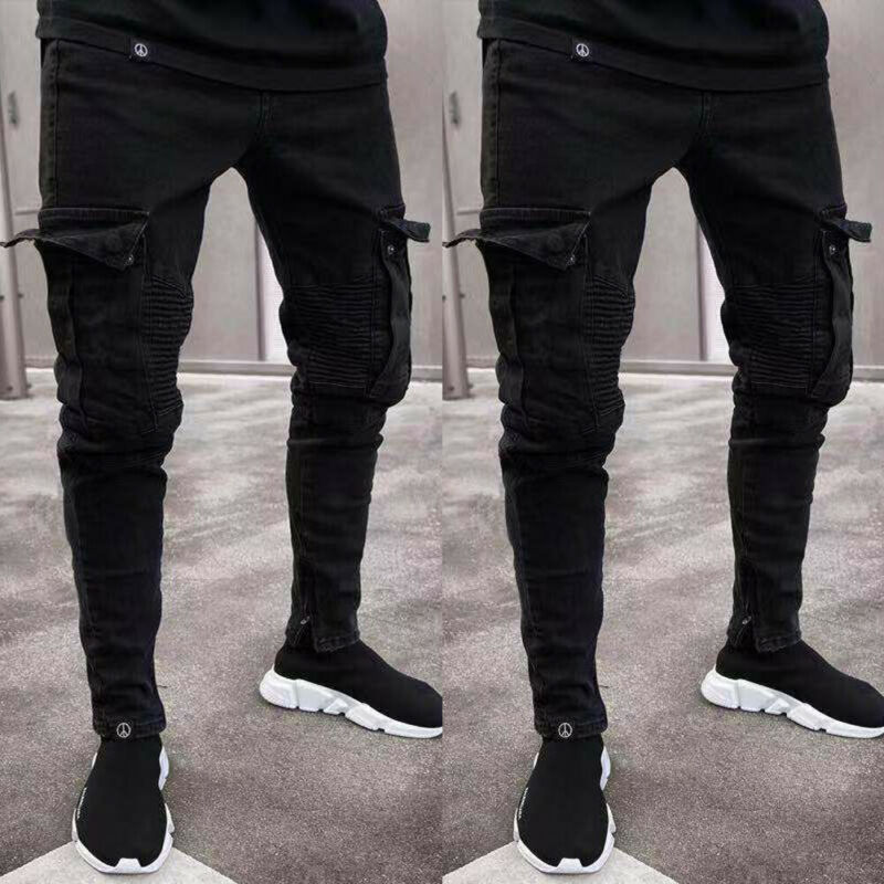 Black Jean Men Denim Skinny Biker Jeans Destroyed Frayed Slim Fit Pocket Cargo Pencil Pants Plus Size S-3XL Hip Hop