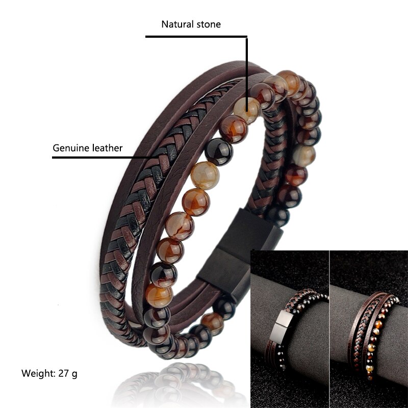Pulseira de couro trançado para homens vintage, 4 tamanhos de tigre, pedra de amuleto, pulseira étnica rústica de aço inoxidável com contas: Natural stone 4t / 20.5 centímetros