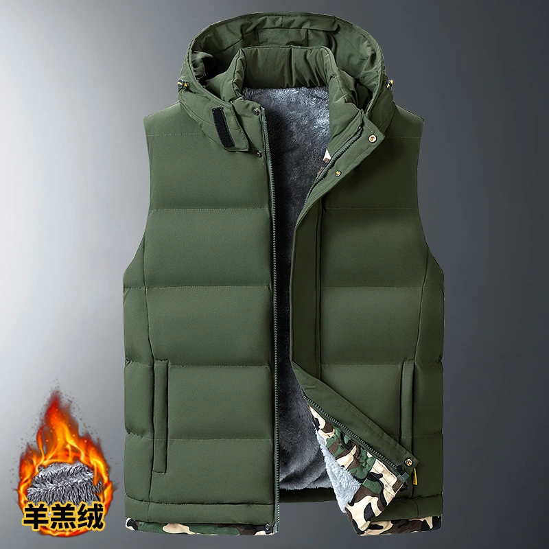 Chalecos juveniles con capucha cálidos y desmontables de otoño e invierno para hombre, chalecos a prueba de viento, chalecos de gran tamaño de M-8XL, chaleco de piel de cordero