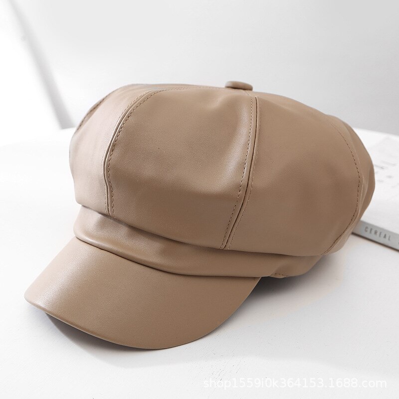 Boina T-MAO de cuero Pu para hombre y mujer, gorro liso Vintage, , Color sólido, para invierno: khaki