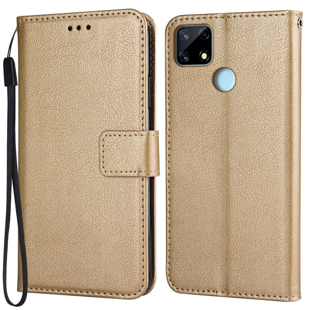 Flip Wallet PU Leather Case For Realme C12 C 12 RMX2189 Funda Stand Business Phone Holster Stripe Protect Cover: K-wallet-Golden