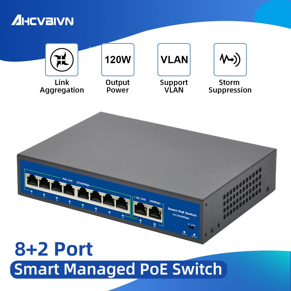 10 Ports POE Switch 48V Power Over Ethernet Network Switch 8 PoE Switch Injector for IP camera/Wireless AP/CCTV Camera System