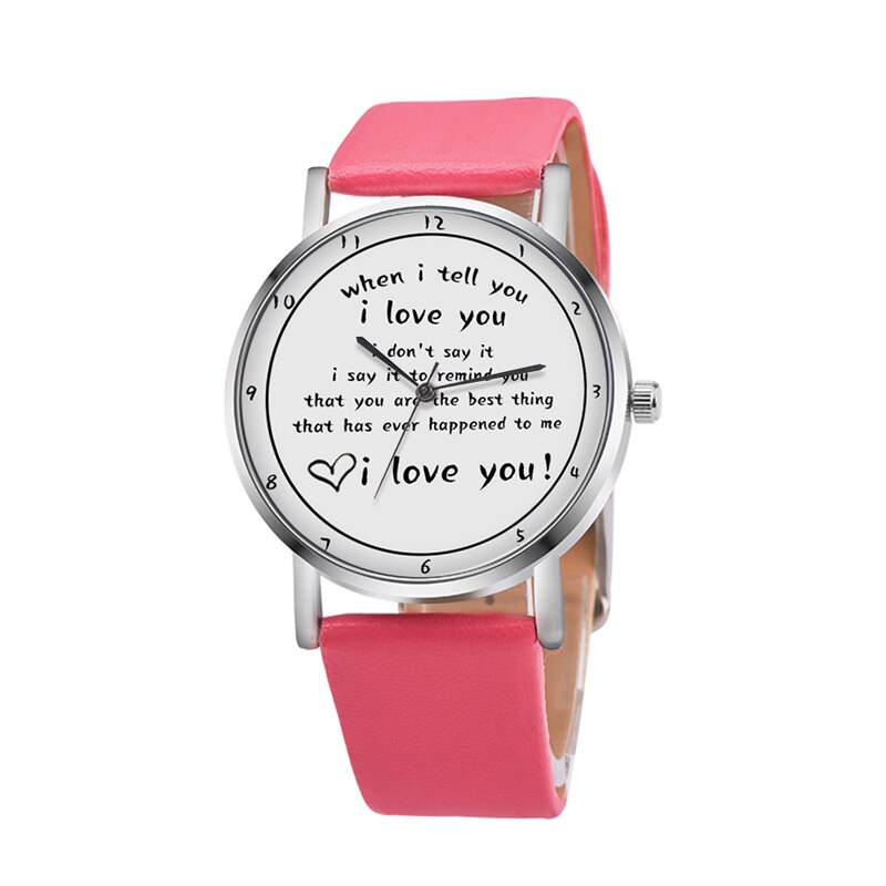 Letters Gedrukt Horloge Quartz Horloge Met Pu Lederen Band I Love U Horloge Voor Vrouwen Meisjes H9: rose red