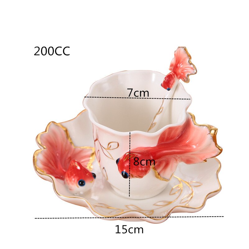 Enamel Goldfish Coffee Mugs Tea Cups With Saucer Spoon Porcelain Drinkware