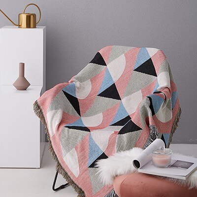 Vintage geometrisk grønn sofa teppe strikket sofa vektet teppe bomull sofa/stoltrekk billedvev teppe reiseteppe: Rosa / 130 x 160cm
