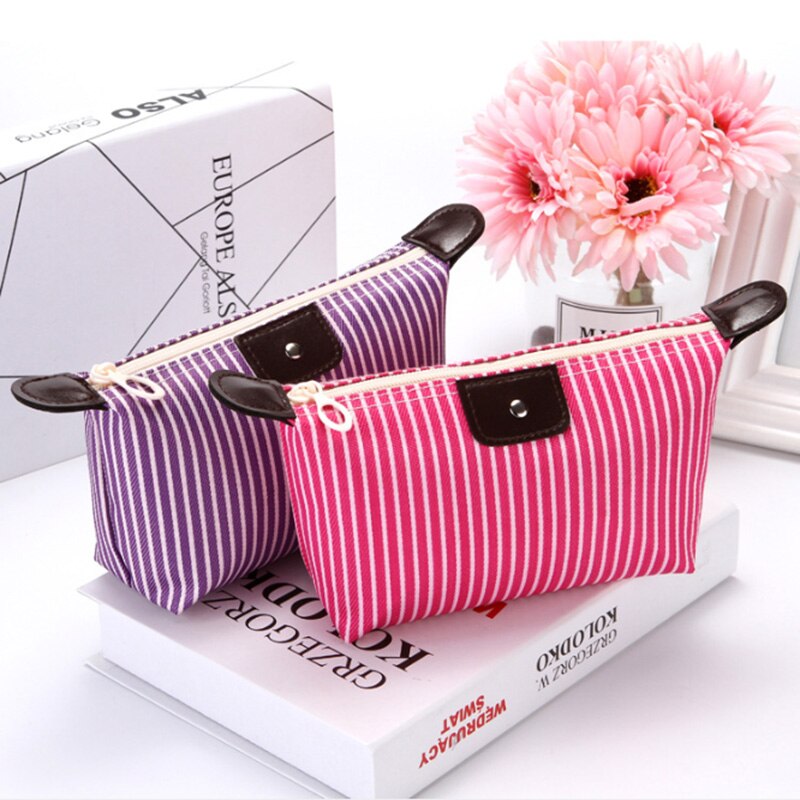 Foldable Stripes Women Travel Toiletry Make Up Cosmetic pouch bag Clutch Handbag Purses Case Makeup Bag Organizer