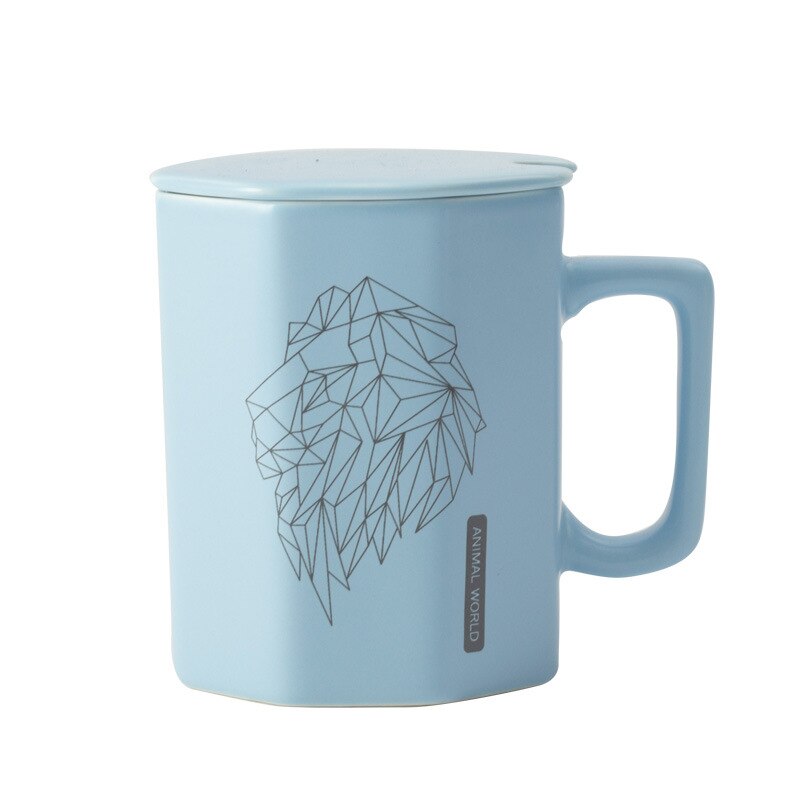 Unique Polygonal ceramic Mug with lid spoon,Male female office mugs couple cups Cartoon cute tea mug Drinkware cup: 04