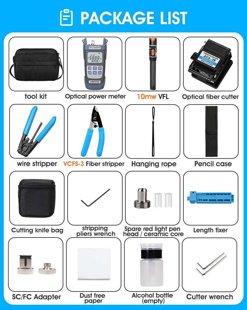 19 IN 1 FTTH Fiber Optic Tool Kit with -70~+10dBm Optical Power Meter 10MW Visual Fault Locator OPM VFL