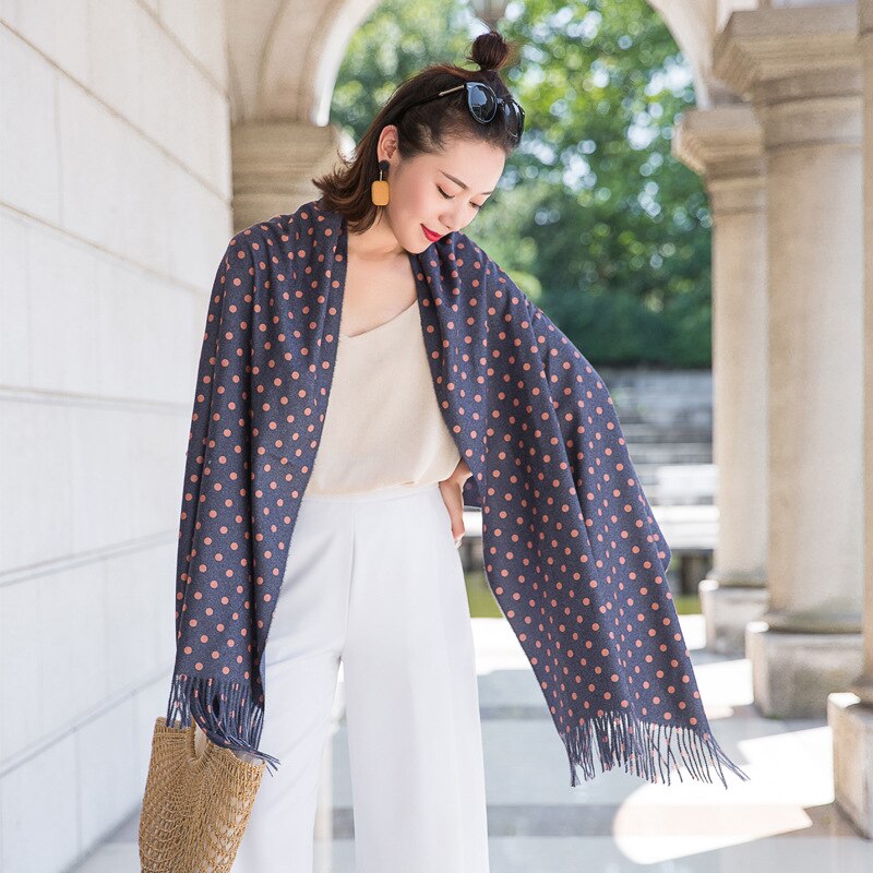 Høst vinter skjerf kvinner sjal dobbeltsidig skjerf faux kasjmir polka punktum lange dusker vinter fast skjerf 70 x 205cm