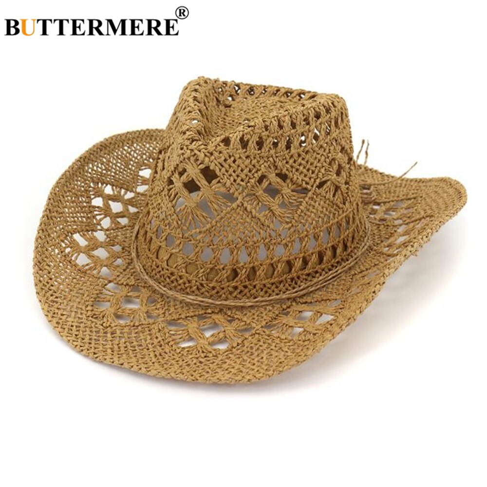 Buttermere strå sommerhat dame solhat håndstrik western cowboy cowgirl hat udhulet khaki kvinder mænd unisex solhat
