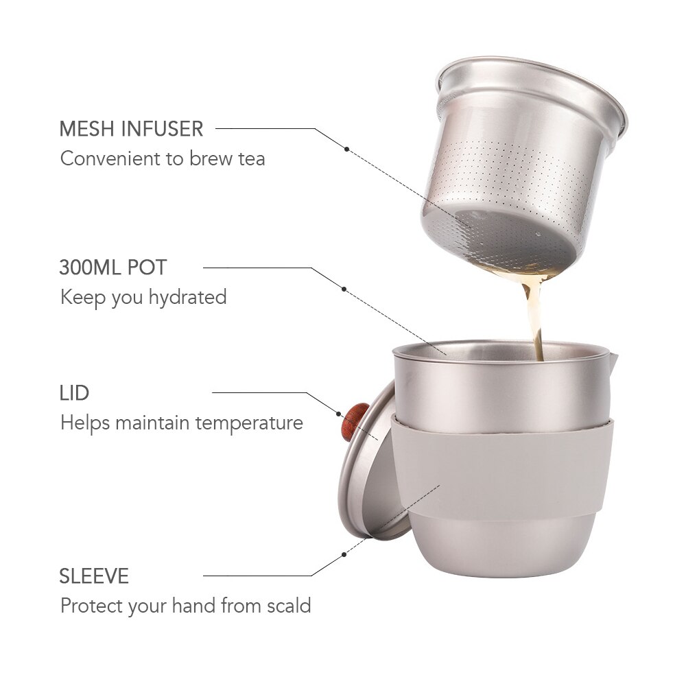 Lixada 300Ml Outdoor Camping Kettle Coffee Kettle Camping Tableware Travel Titanium Teapot Kettle Tea Maker With Infuser