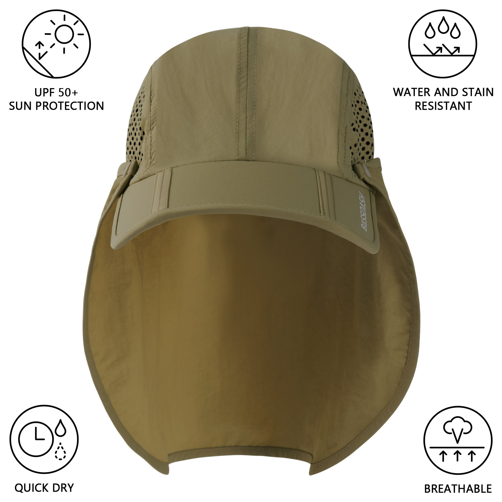 BASSDASH-Chapéu de pesca dobrável com aba removível do pescoço, portátil para homens e mulheres, golfe e caminhada, UPF 50 Plus