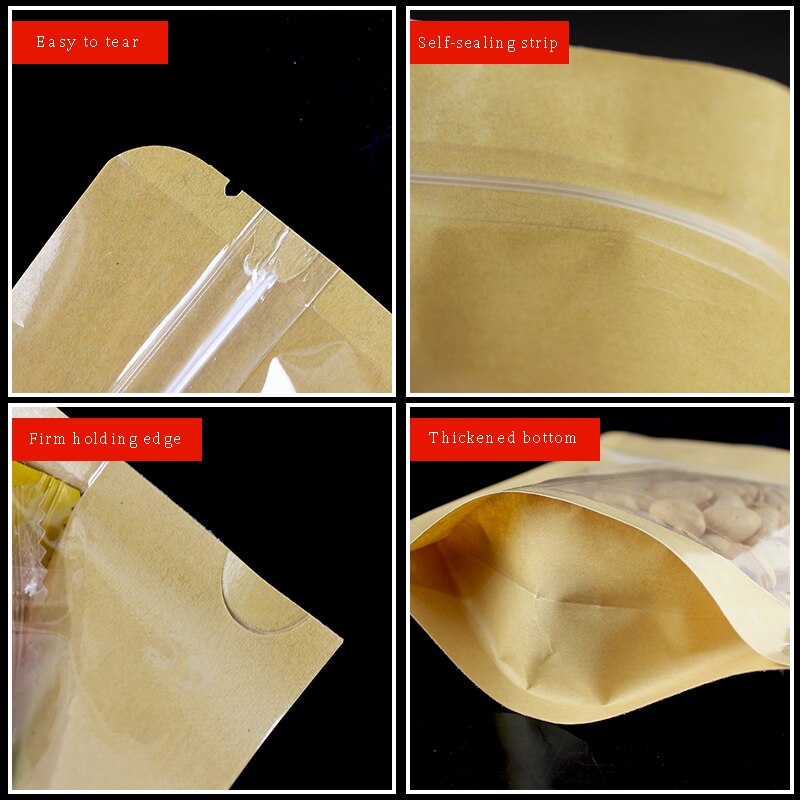 Kraft Paper Bag Translucent Self-supporting Self-sealing Bags Sugar Coffee Beans Nuts Tea Snacks Food Sealed Packaging