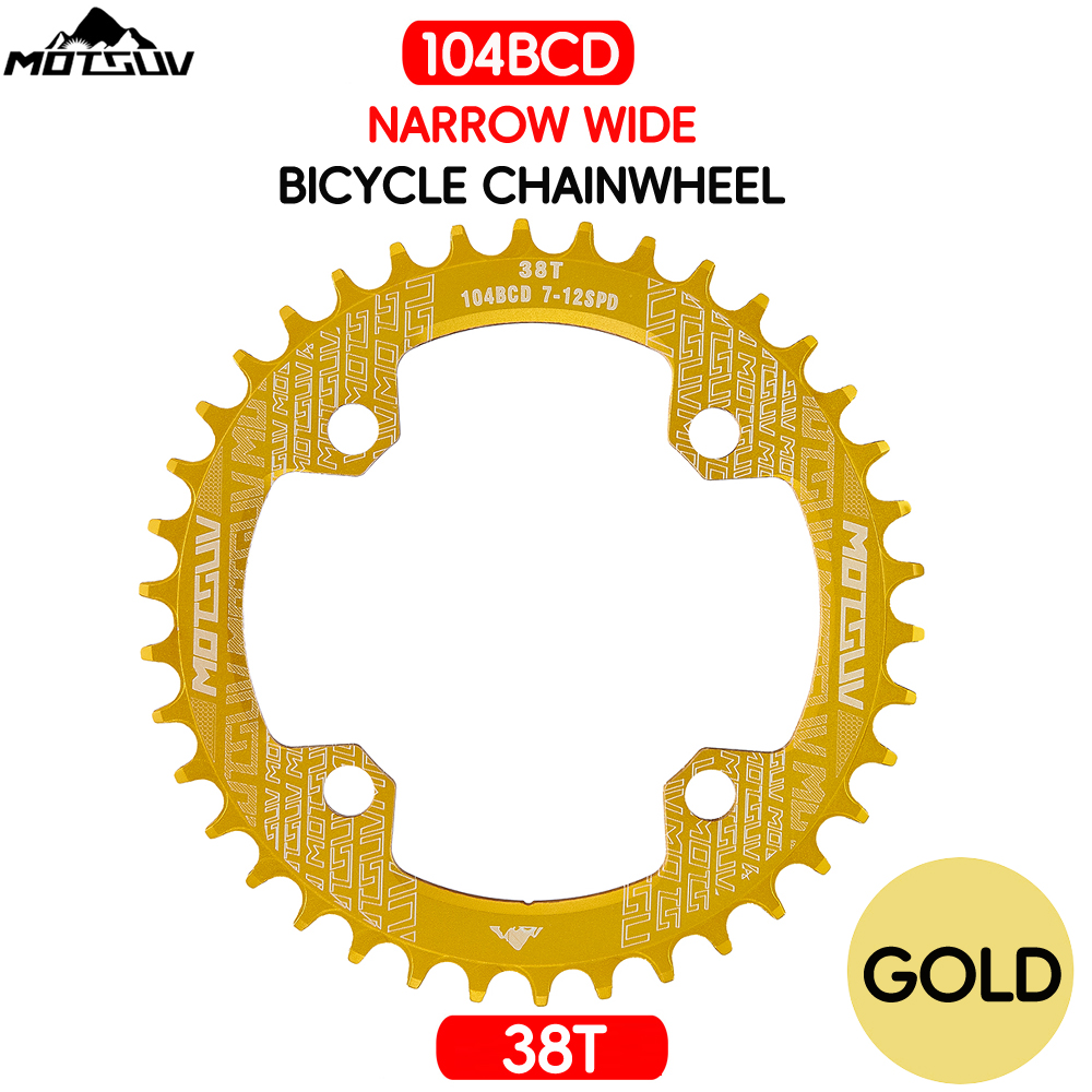Manivela redonda para bicicleta, rueda de cadena angosta y ancha de placa única con forma redonda MTB 104BCD, 32T/34T/36T/38T