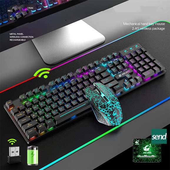 Teclado mecánico LED USB inalámbrico para juegos, Juegos de pc retroiluminado para razer, tableta, kit de teclados, PC mecánico: black