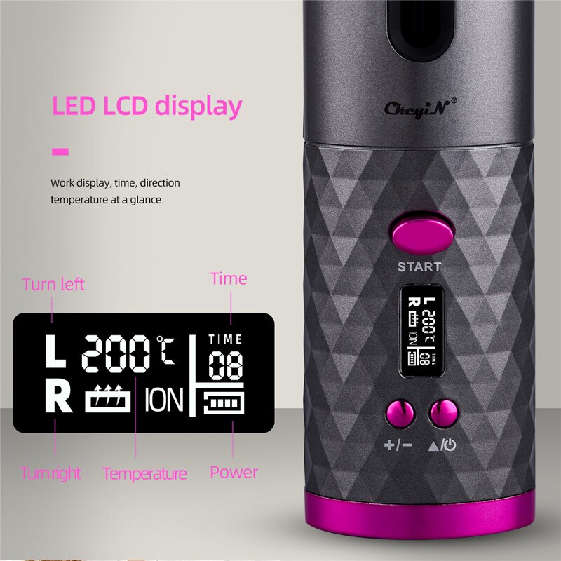 Rizador de pelo automático inalámbrico, rizador de rotación automática de pelo con pantalla LED recargable por USB, temperatura para máquina rizada o ondas