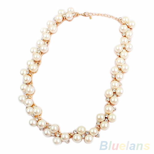 Women's Shiny Alloy Golden Rhinestone Faux Pearl Beads Necklace Jewelry 00T4