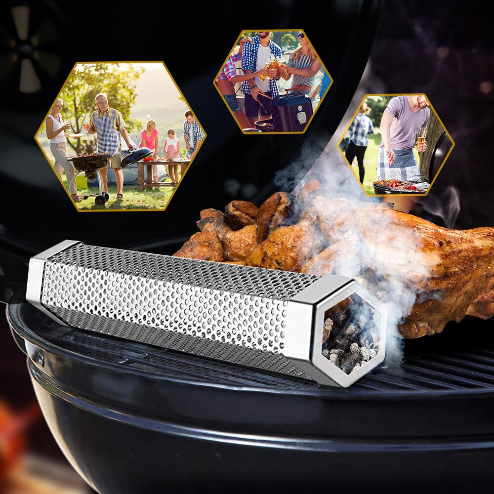 12" Stainless Steel Hexagon Smoker Tube Mesh Pipe Kitchen Outdoor Cooking BBQ Tools Accessories Round Smoke Generator Smoker