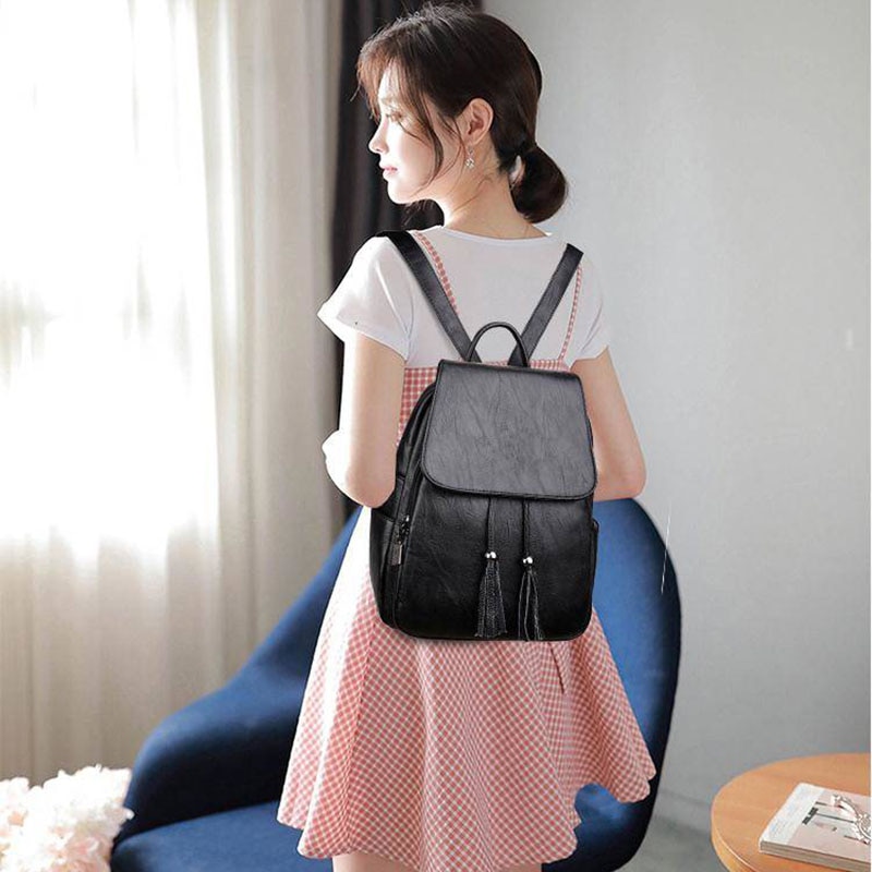 Tassel Pu Leather Backpack Women Drawstring Bag Black Red Soft Solid Backpack Female Youth Bagpack For Teenage Girls