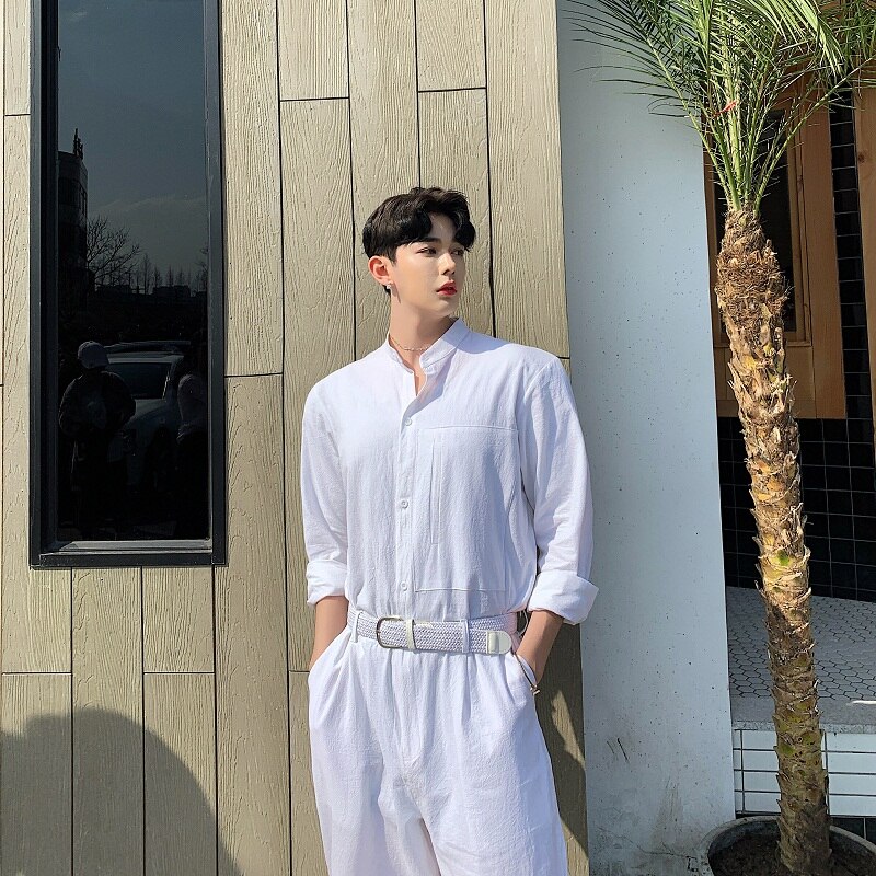 Streetwear Stage pantalon homme, pantalon d'été en coton lin blanc combinaisons blanches homme manches longues col montant chemise salopette