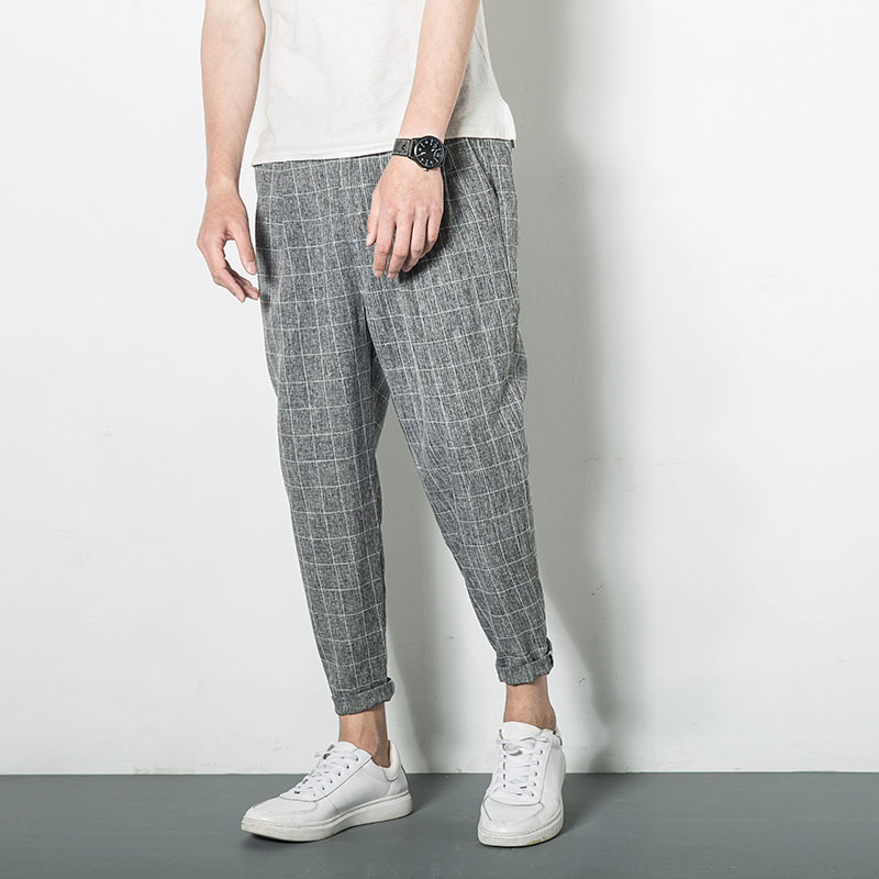 Japanischen Jahrgang Leinen Plaid Tasche Breite Quer verlieren Gabelung Hiphop Harem Jogger Streetwear Knöchel-Länge Schlauch Plus Größe Koreanische