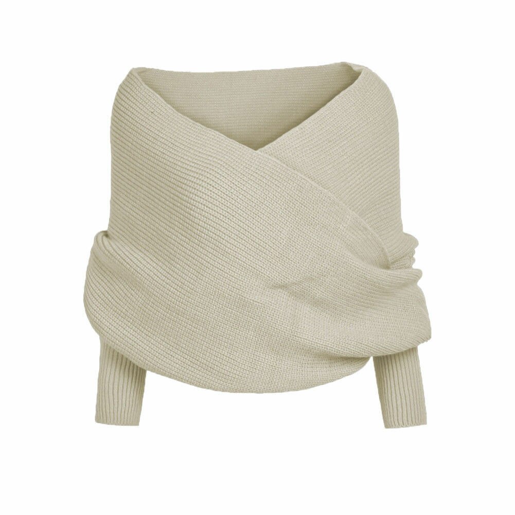 Solid Long Sleeve V-Neck Off shoulder Wrap Knitted Sweater Shawl Sweater Autumn Winter Casual Warm Outwear: Beige