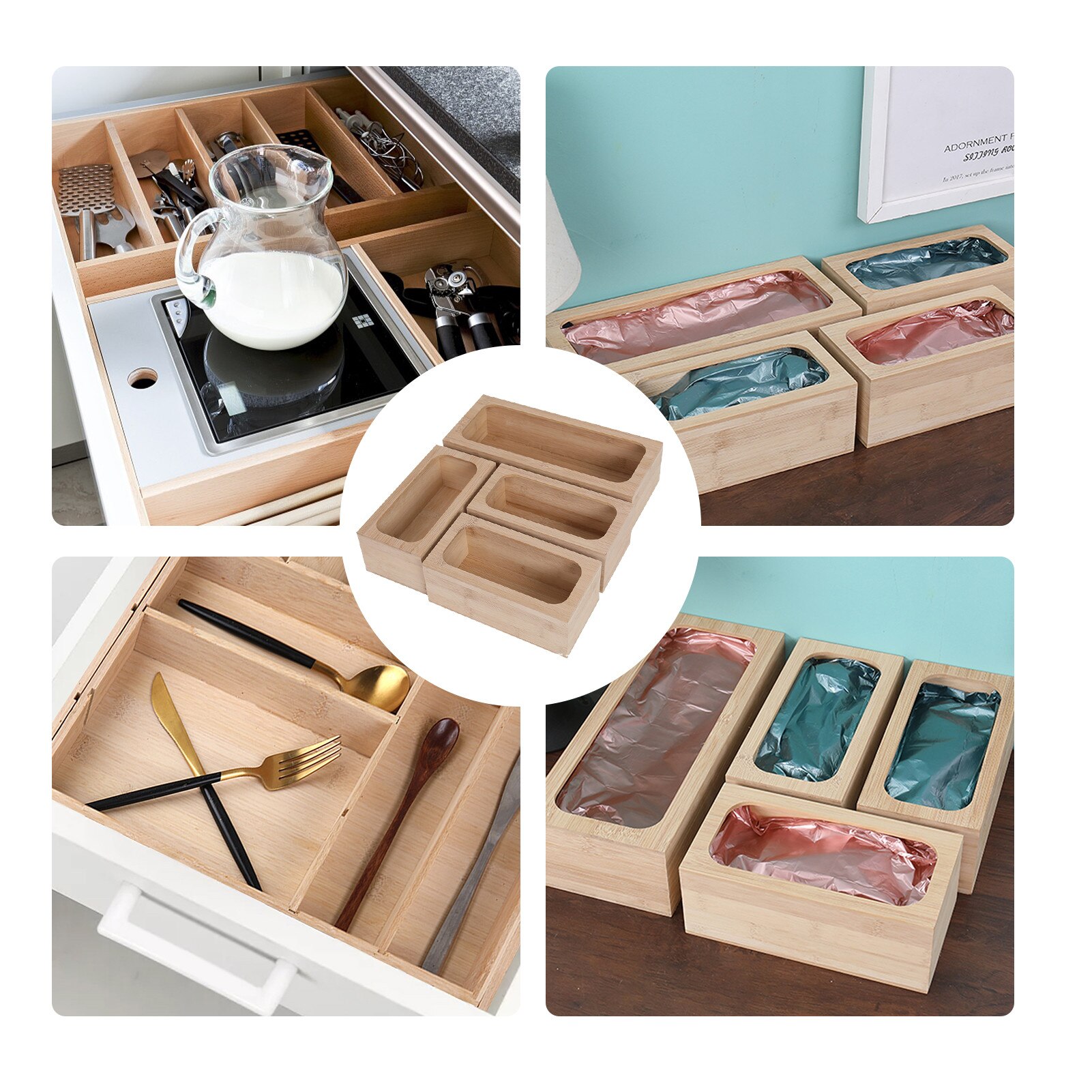 4 Stuks Houten Keuken Lade Organizer Ziplock Zak Lade Organizer Keuken Lade Organizer Houders Dispenser