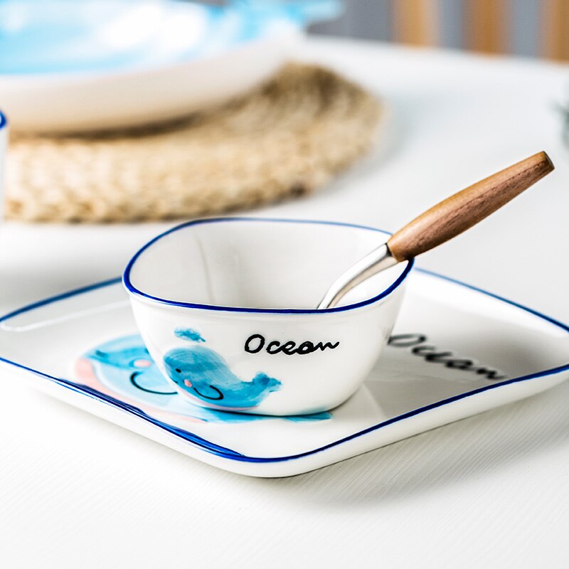 Leuke Walvis Salade Schotel Cartoon kinderen Keramische Servies Baby Plaat Ontbijt Plaat Creatieve Mermaid Cup Blue Angel CL121811