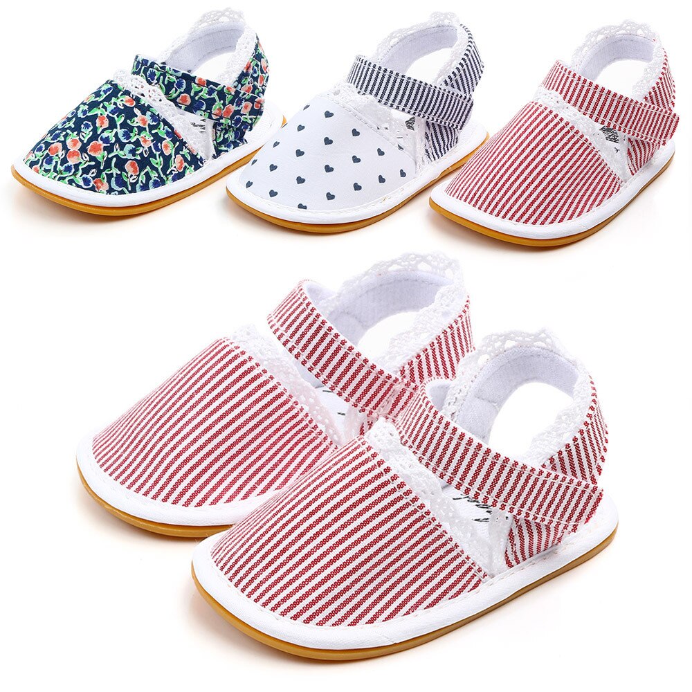Floral Stripe heart Baby girls sandals Cotton fabric Rubber sole infant Crib shoes baby Moccasins sandals shoes
