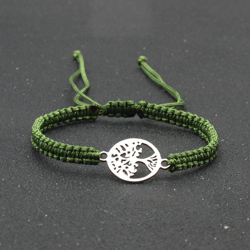 Pulsera de cuerda hecha a mano para hombre y mujer, brazalete de acero inoxidable con colgante de árbol de la vida, ajustable, para pareja: ArmyGreen