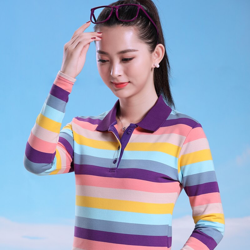 Dames klassieke pasvorm gestreept kleurrijk stretch katoenen poloshirt met omslagkraag dames poloshirts lange mouw polo femme