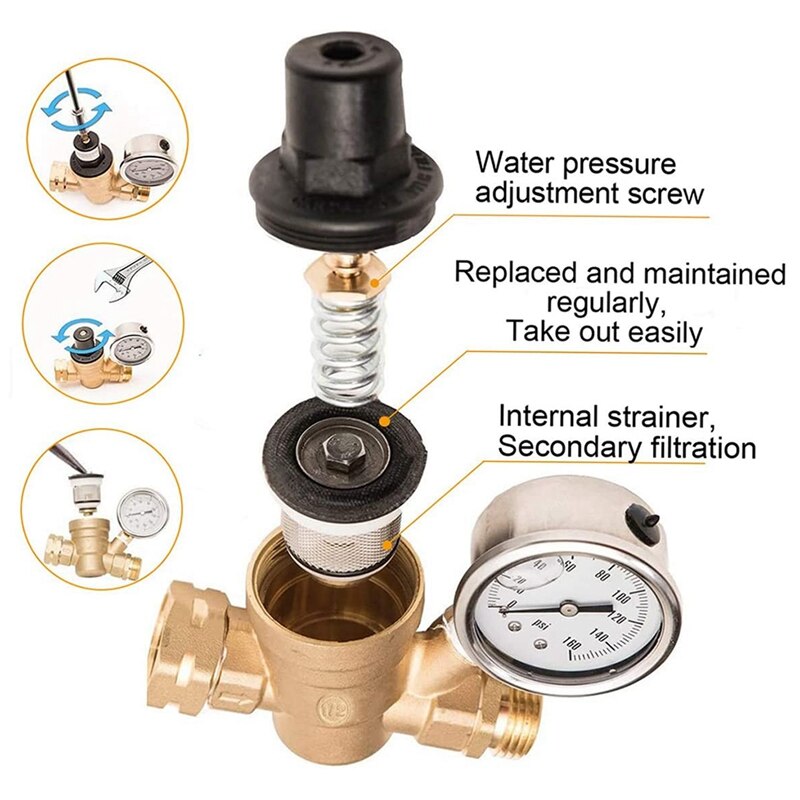 -Water Pressure Regulator Valve, Brass Lead-Free Adjustable Water Pressure Reducer, Fit RV Camper Travel Trailer