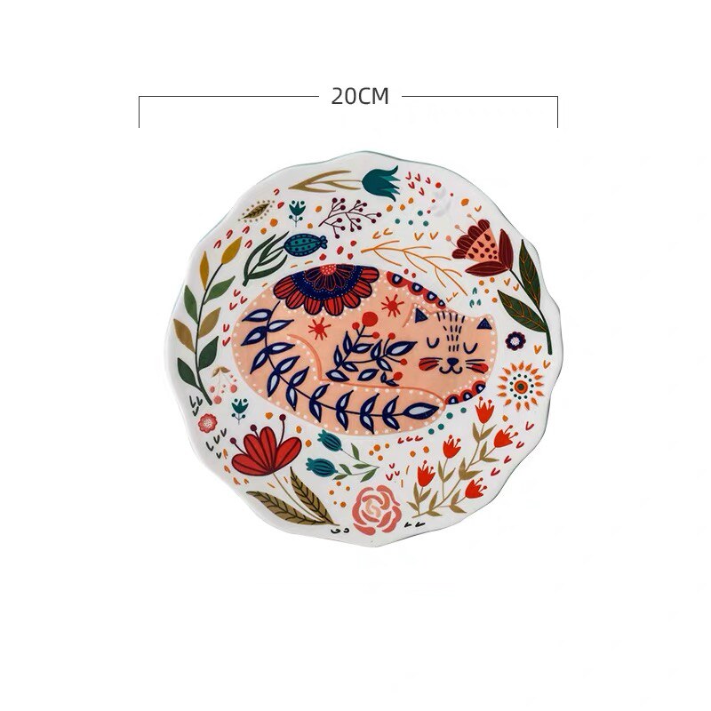 Plato de cerámica con dibujos animados de gato pintado a mano, vajilla nórdica creativa de 8 pulgadas, para postre esmaltado, microondas, para aperitivos y carne: E