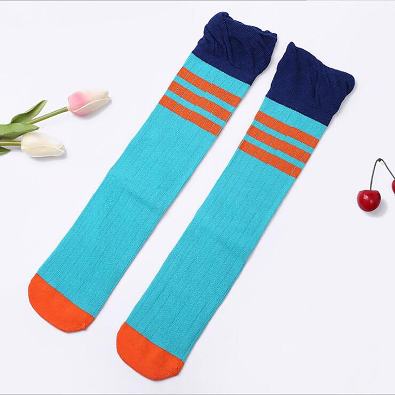 Kids Baby Girls Stockings Soft Cotton children's kittens striped Stockings girl students thigh Knee socking half Heap socks: Blue