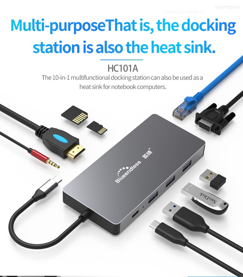 2019 novo conversor 10 em 1 adaptador usb c hub, tipo-c para hdmi usb 3.0 rj45 pd doca adaptador hub para macbook laptop