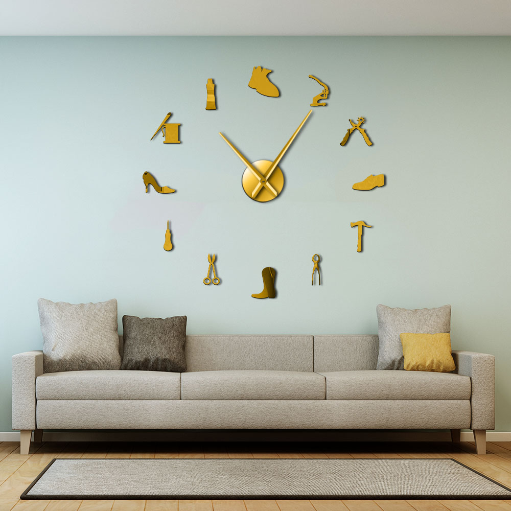 Shoe Repair Wall Art DIY Giant Wall Clock Cobbler Frameless Large Silent Watch Shoe Store Shoe Archer Shoemaker Room Decor