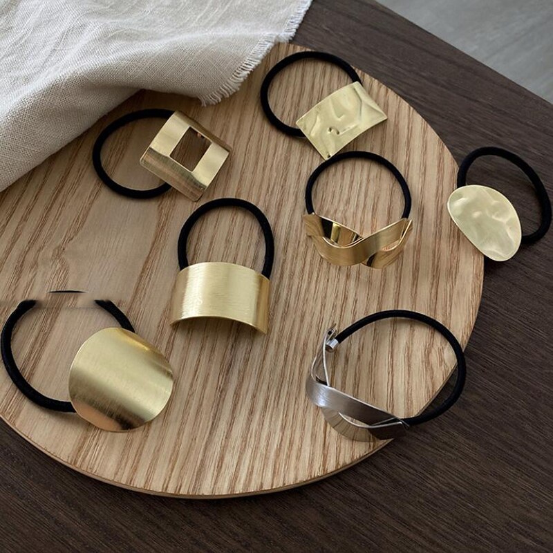 Coleteros de aleación de Color dorado para niña y mujer, cintas elásticas para el pelo, accesorios para el cabello de estilo Punk geométrico