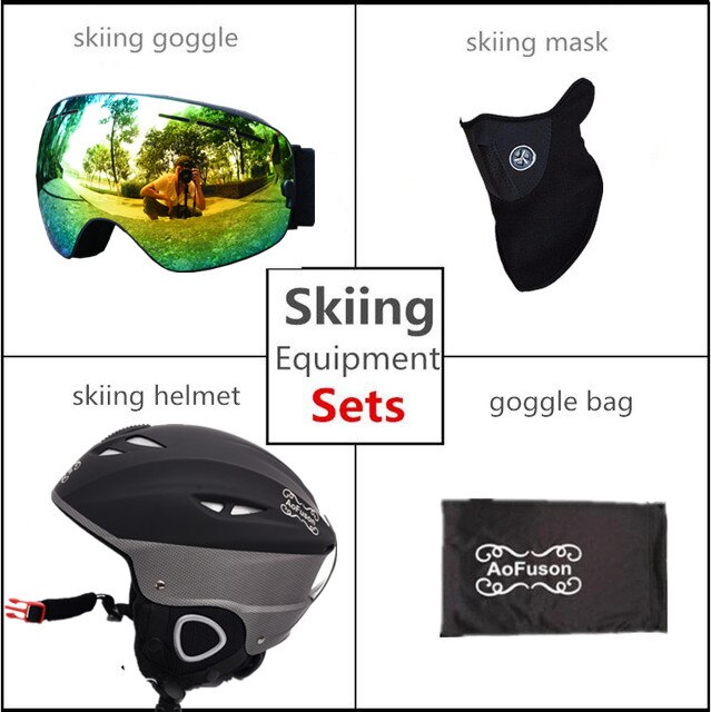 Skihelm bril dubbele lagen anti-condens groot zicht snowboard bril dames heren winter warme sporthelm ski-uitrusting set: Zwarte skihelm