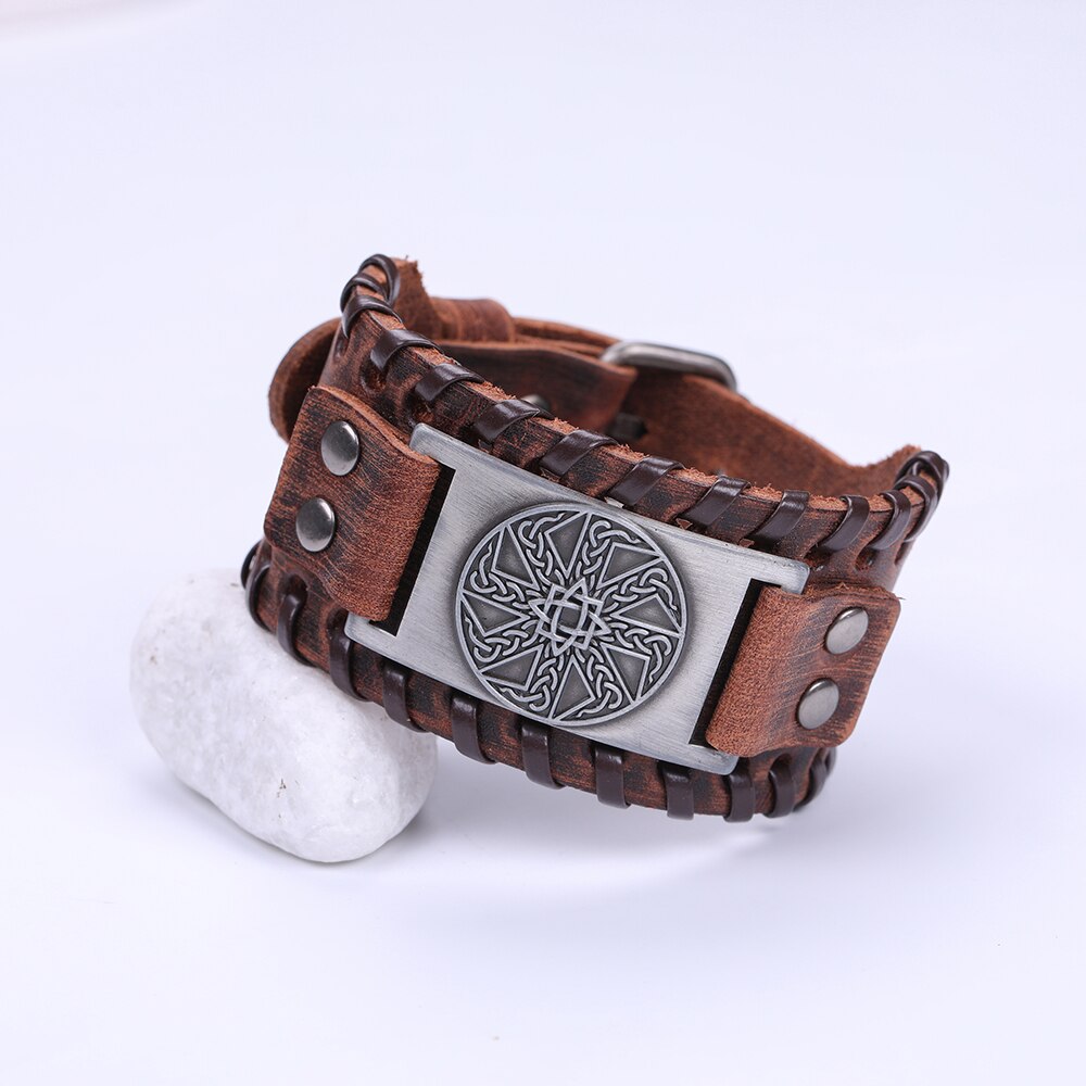 LIKGREAT Slavic Kolovrat Wicca Amulet Cuff Wristband Jewelry Sun Wheel Celtics Knot Pagan Talisman Adjustable Leather Bracelet