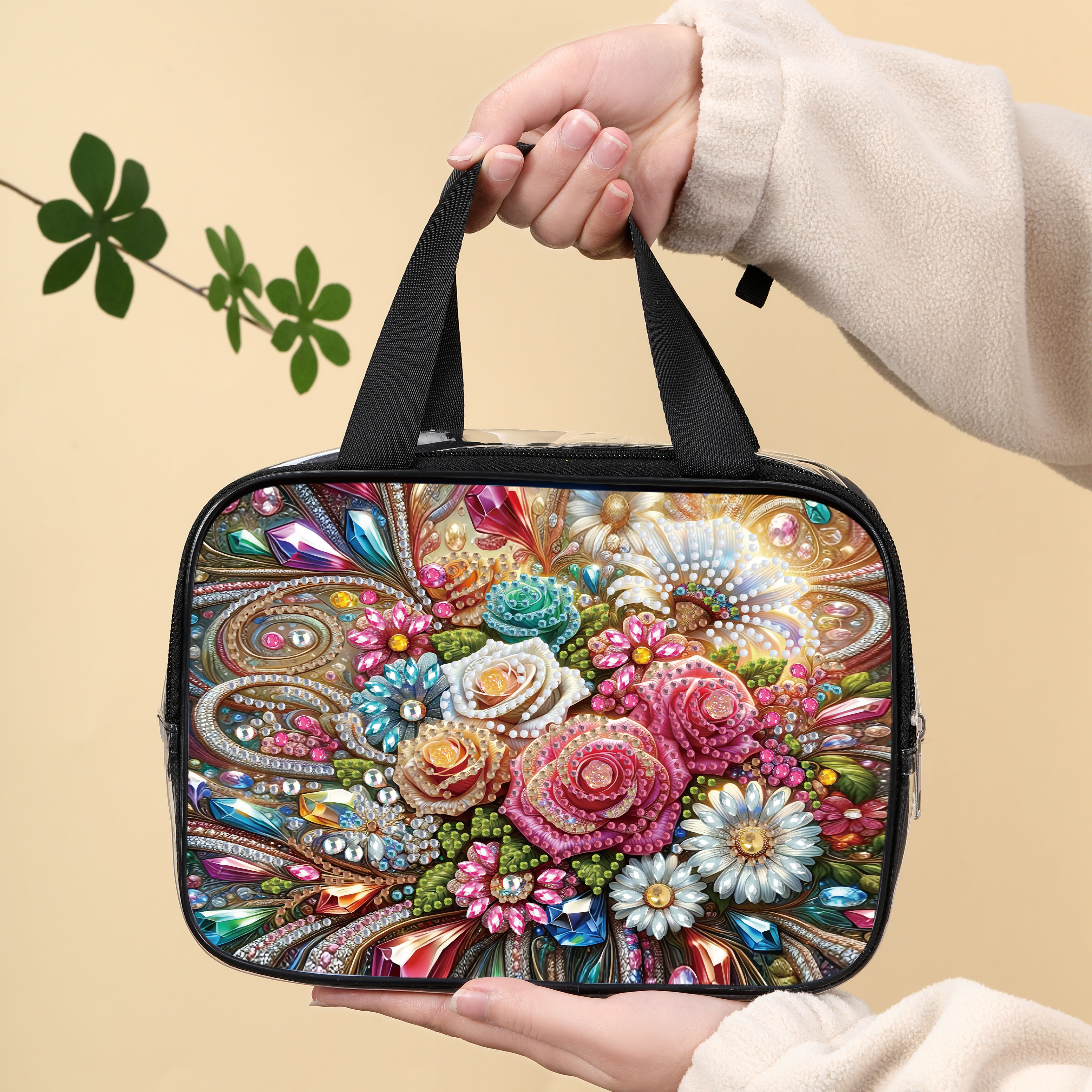 Bolsa de cosméticos con pintura de diamantes de flores DIY para adultos, bolsos de plástico transparente de PVC, bolsas de maquillaje transparentes para viaje, 1 ud.