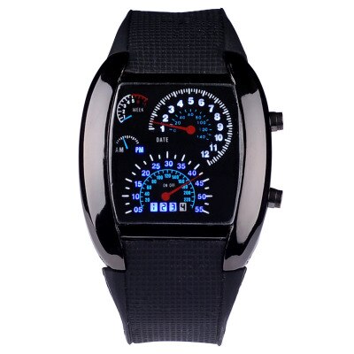 Flash azul LED Turbo RPM para hombre, reloj de Dial para coche deportivo, negro completo, de acero inoxidable, rectangular, medidor de aire: Black CaseBlack Band
