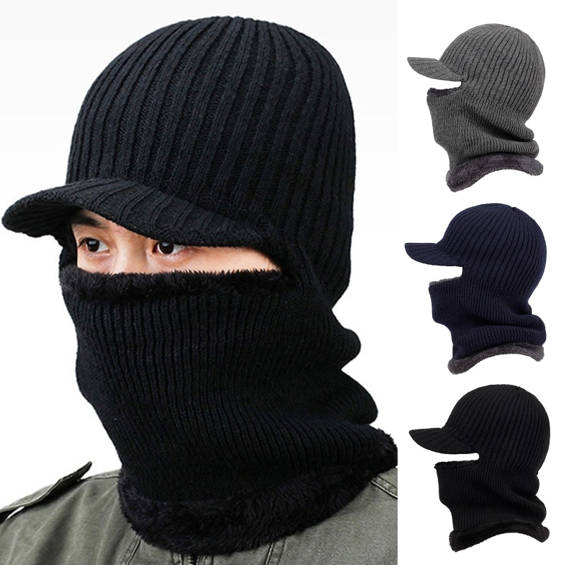 Männer Winter Gestrickte Sturmhaube Mütze Hütte mit Winddicht Visier Thermische Plüsch Futter Nacken Wärmer Radfahren Ski Maske Haube Kappe