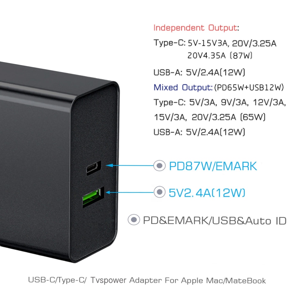 Caricabatterie da parete mini 87W USB C PD 65W 45W QC3.0 per Laptop tipo C Thunderbolt 3 per Macbook ipad iphone11/SE S10/S20/nota 10/9 XPS