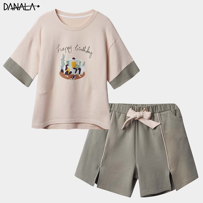 Danala 100% Katoen Casual Pyjama Sets Vrouwen Korte Mouw Print Nachtkleding Sets Meisjes Thuis Kleding Voor Vrouwen Thuis Suits Pyjama: Sleepwear-Kakhi / XL