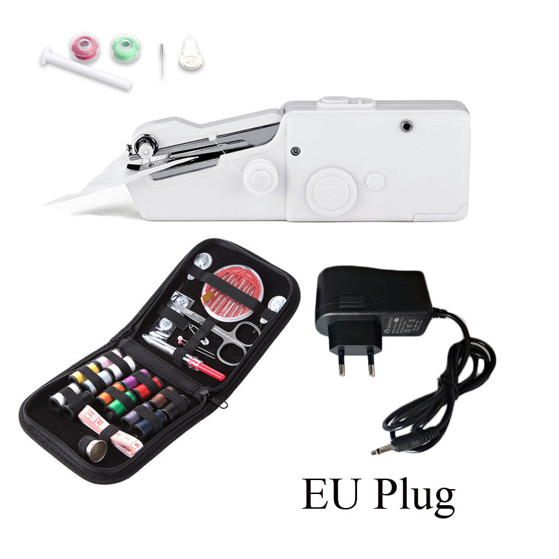 Hand Sewing Machine Kit Portable Handheld Electric Handy Stitch Household Needlework Cordless Small White DIY Cloth Fabric: with EU Plug andbag