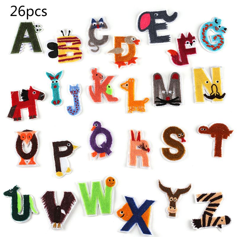 26Pcs English Letters Patches Cartoon Animal Alphabet Embroidered Applique Iron On/Sewing Badge for Kids Clothes DIY: 6EE502002-C